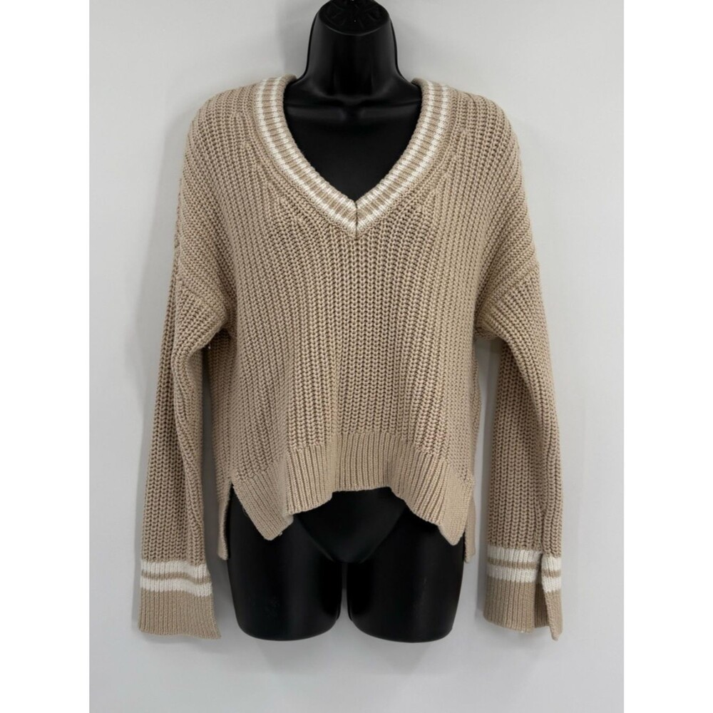 Abercrombie & Fitch Easy Tipped Ribbed V-Neck Sweater | Tan | Small
